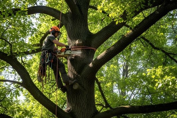 Arborist in harness and safety gear in a large tree pruning limbs