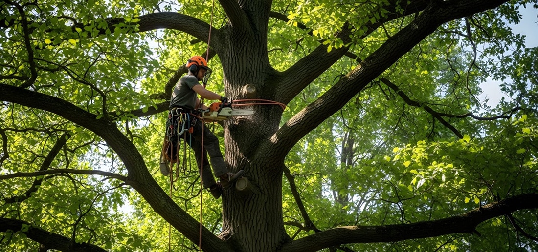 Arborist in harness and safety gear in a large tree pruning limbs